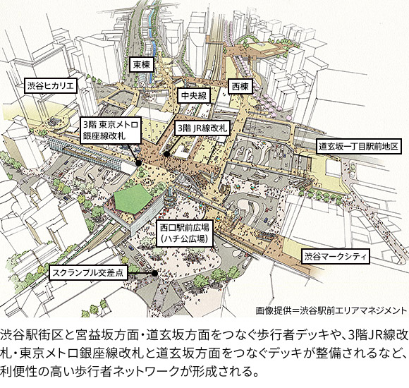 駅街区と宮益坂方面・道玄坂方面をつなぐスカイデッキや、3階JR線改札・東京メトロ銀座線改札と道玄坂方面をつなぐデッキが整備されるなど、利便性の高い歩行者ネットワークが形成される。