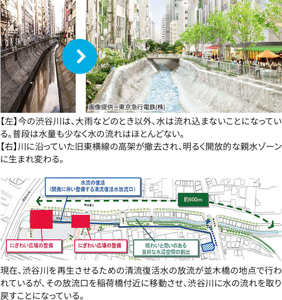 【左】今の渋谷川は、大雨などのとき以外、水は流れ込まないことになっている。普段は水量も少なく水の流れはほとんどない。
【右】川に沿っていた旧東横線の高架が撤去され、明るく開放的な親水ゾーンに生まれ変わる。
【下】現在、渋谷川を再生させるための清流復活水の放流が並木橋の地点で行われているが、その放流口を稲荷橋付近に移動させ、渋谷川に水の流れを取り戻すことになっている。