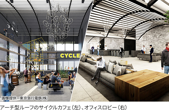 アーチ型ルーフのサイクルカフェ(左)、オフィスロビー(右)