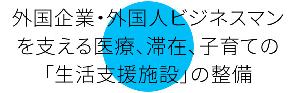 Establishment of "living support facility" for medical, staying and raising children supporting foreign business and foreign businessmen