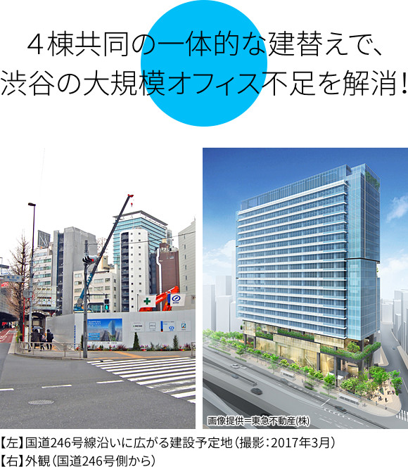 ４棟共同の一体的な建替えで、渋谷の大規模オフィス不足を解消！
【左】〇〇〇〇〇〇〇
【右】外観（国道246号側から）